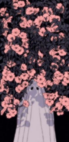 a white dog is surrounded by pink flowers