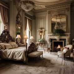 an elegant bedroom with fancy furniture and mirrors on the walls, along with a fireplace