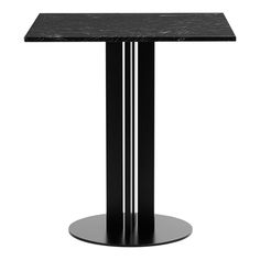 a black and white table with two silver lines on the top, in front of a white background