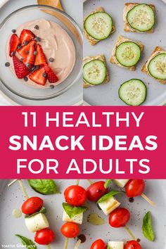 Small bowl with yogurt, plate of crackers with hummus and cucumber slices, and grape tomatoes and mozzarella cheese on toothpicks with basil leaves. Easy Snacks For Adults, Vegetarian Snack Ideas, Snack Ideas For Adults, Yogurt With Strawberries, Easy Healthy Cookies, Cucumber Hummus, Quick And Easy Snacks, Snacks For Adults, Vegetarian Snack