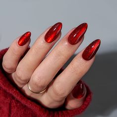 Mystic Ruby Almond Press On Nails Cute Christmas Almond Nails, Red Christmas Nails Almond, Red Sparkly Christmas Nails, Christmas Nails Almond Shape, Red Chrome Nails Designs, Red Velvet Nails, Red Sparkly Nails, Red Nail Inspo, Sparkly Christmas Nails