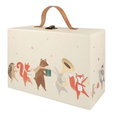 a white box with animals painted on the side and brown leather strap around the top