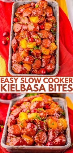 two pictures showing how to make kebabs in the slow cooker, with text overlay that reads easy slow cooker kielbasa bites