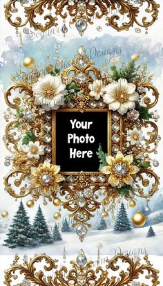 an ornate gold frame with white flowers and pearls on the edges, in front of a snowy