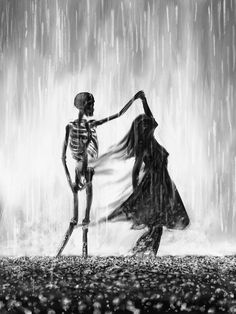 a skeleton dancing in the rain with a woman wearing a long black and white dress