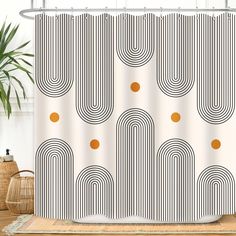 a shower curtain with an abstract design on it