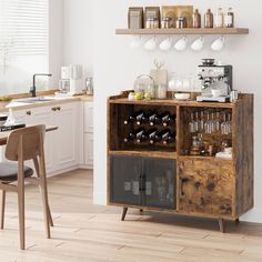 a wooden cabinet with wine glasses on it in a white room next to a table and chairs