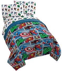 the avengers bedding set is made up with various cartoon characters and symbols on it