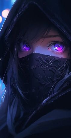 a woman with purple eyes wearing a black hoodie and looking into the distance at night