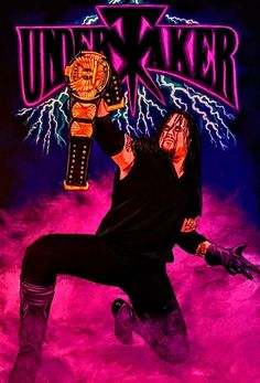 a painting of a wrestler holding up a wrestling glove with lightning coming out of it