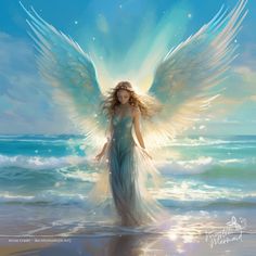 an angel standing in the ocean with her wings spread