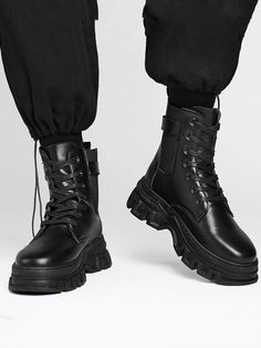 Black  Collar   Plain Combat Boots Embellished   Men Shoes Combat Boots Outfit Men, Boots Outfit Men, Black Boots Men, Combat Boots Style, Combat Boots Men, Army Boots, Black Platform Boots, Black Combat Boots, Warm Shoes