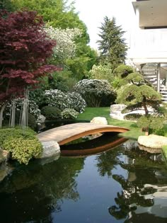 a small pond in the middle of a garden with a bridge over it and trees on both sides