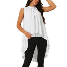 Seta T Women's Casual Tie Back Asymmetrical High Low Sleeveless Mock Neck Flowy Blouse Tops Fashion Style: Sleeveless/Mock Neck/High Low Hem/Asymmetrical Hem/Solid Color/ Two Layer Hem Tunic Top Perfect for both day and evening occasions, these blouses add a touch of elegance and style to any wardrobe. Tie Back and asymmetrical hem details add a bit of charming. Color: White.  Gender: female.  Age Group: adult. White Asymmetrical Tank Top For Summer, Casual White Asymmetrical Tank Top, Fitted White Asymmetrical Tops, White Asymmetrical High-low Hem Summer Dress, Cheap Asymmetrical Solid Color T-shirt, Womens Lace Shorts, Black Blouse Women, Sleeveless Tunic Tops, Belly Shirts