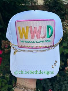 Hat chains are removable with clasps on each end. They can be bought separate or with the hat. Please allow up to 2 weeks for this hat to ship as this is a pre-order item. $10-$12 chain options do not include hats. $40-$50 bling hat options do include trucker hat and bling as pictured. We are so excited to now be offering trucker hat party packs!! This is a way to get a bulk discount of our hats. Great for bachelorette trips, beach trips, parties, etc. For clarification when purchasing: If you p Summer Gold Trucker Hat, Adjustable Gold Baseball Cap For Summer, Adjustable Gold Trucker Hat For Summer, Gold Adjustable Trucker Hat For Summer, Church Volunteer Appreciation Gifts, Trucker Hat Ideas, Hat Business, Hat Chain, Volunteer Appreciation Gifts