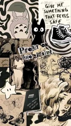 collage of black and white images with words written on them, including an image of a cat