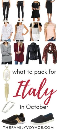 the cover of what to pack for italy in october, with pictures of clothes and shoes