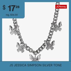 Included: 1 Necklace(s)Jewelry Closure: Lobster ClaspLink Construction: SolidSetting: InlayShape: ButterflyMetal Color: Silver ToneChain Length: 15 InchExtender Length: 3 InchChain Construction: CurbCare: Wipe CleanStone Type: 1 GlassMetal: AlloyNecklace Type: Statement NecklacesPendant & Charms Type: CharmsCountry of Origin: Imported Silver Necklace Statement, S Jewelry, Necklace Silver, Jessica Simpson, Type 1, Silver Tone, Statement Necklace, Charms, Pendant Necklace