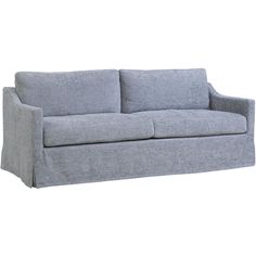 a gray couch with two pillows on it's back and one arm folded up