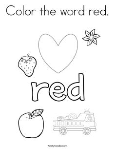 a coloring page with the word red and an apple, strawberry, and leaf on it