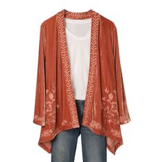 Go from casual chic to a formal affair with this easy-wear velvet long sleeve cardigan jacket.Gorgeous piece is accented with detailed floral embroidery, and features a cascading open front, trendy sharkbite hem, and drapey fit that flatters your figure. Soft velvet kimono coat helps to keep the chill out on cool days, perfect for outdoor strolls through fall or early spring weather. Wear it casually over a light t-shirt or cami with skinny jeans. Pull it on over a blouse and dress pants to cove Velvet Cardigan, Velvet Sweater, Velvet Kimono, Embroidered Kimono, Kimono Coat, Embroidered Velvet, Beautiful Kimonos, Boho Kimono, Velvet Blazer