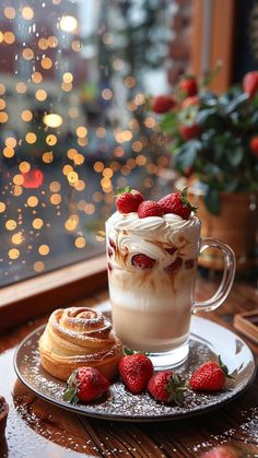 a cup of hot chocolate with whipped cream and strawberries on a plate near a window