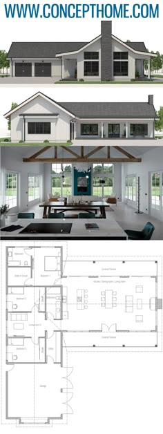 the floor plan for a house with two levels and three rooms, including an open living area