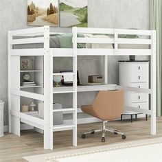 a white loft bed with desk underneath it