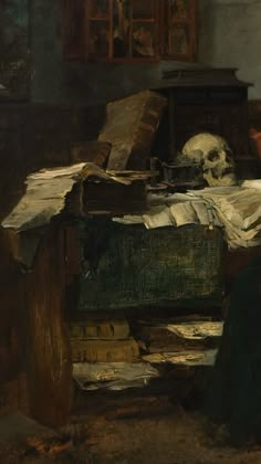 a painting of a skeleton sitting at a desk with books and papers in front of it