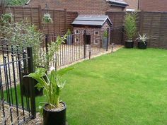 a small garden with grass and fenced in area next to the house, which also has an enclosed back yard