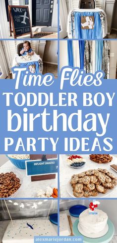 a collage of photos with the words time flies toddler boy birthday party ideas