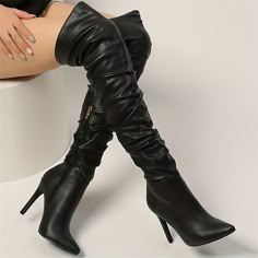 Category:Boots; Upper Materials:PU; Season:Winter; Heel Type:Stiletto; Gender:Women's; Toe Shape:Pointed Toe; Type:Thigh High Boots,Over The Knee Boots; Style:Elegant,Fashion,Classic; Heel Height(inch):1-2; Outsole Materials:Rubber; Occasion:Outdoor,Work,Daily; Closure Type:Zipper; Pattern:Solid Color; Listing Date:09/04/2023; 2024 Trends:Heel Boots,Slouchy Boots; Foot Length:null; Foot Width:null; Heel Height:High Heel Slouchy Boots, Womens Stilettos, Leather Heeled Boots, Stiletto Boots, Faux Leather Heels, Black Heel Boots, Thigh High Boots, High Heel Boots, Brunei