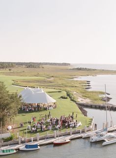 a group of people standing on top of a lush green field next to a body of water