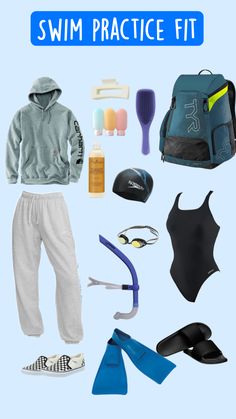 an assortment of swim gear and accessories on a blue background with the words swim practice fit