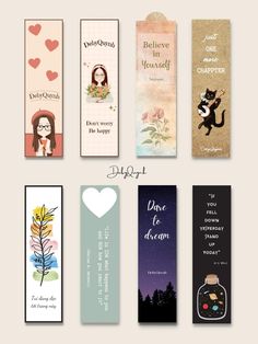 four bookmarks with different designs and words on them, each one has a cat