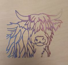 a drawing of a bull with long horns on it's head is shown in blue, pink and purple