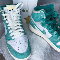 These Have Never Been Worn Outside, Only Tried On Inside. They Are In Mint Condition, And Are Not Available Anywhere In This Size Of 5.5m, Or Size 7 Women. Rare As Can Be. Bought, Authenticated, & Shipped In A 3 Week Process From Kickscrew In Shanghai. Very Clear Images Attached Of These Gorgeous Sea Green Sneakers. Comes With White, Teal, And Purple Laces. A Textured White Leather Base Is Contrasted By Soft Suede. Vintage Aesthetic Is Enhanced By A Midsole Finished In Off-White Sail. Jordans 1 Seafoam, Air Jordan 1 Seafoam Green, Sea Foam Nike Jordans, Air Jordan 1 Blue Mint, Nike Jordan Seafoam Retro, Jordan 1 Retro High Turbo Green, Turbo Green, Nike Shoes Jordans, Green Sneakers