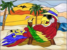 a stained glass painting of a man sitting in a chair on the beach next to a palm tree