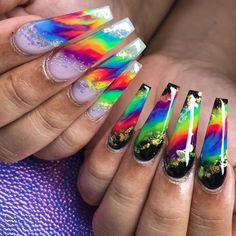 Rave Nails Designs, Rave Nails, Rainbow Nails Design, Multicolored Nails, Tie Dye Nails, Bling Acrylic Nails, Rainbow Nails, Blue Dragon, White Hand