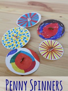 paper plate spinners with the words penny spinners on them in blue and red