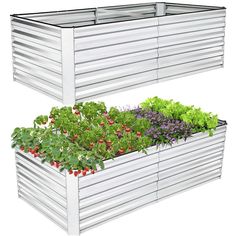 two white raised garden boxes with plants growing in them and free gift tag on the bottom