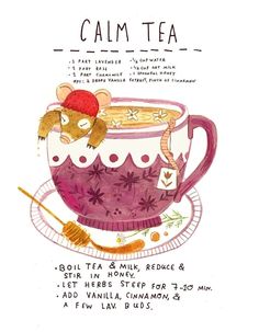 a drawing of a tea cup with a mouse in it and the words calm tea written below