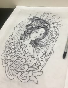 a pencil drawing of a woman with flowers on her head and hands behind her back