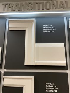 a display case with white and black frames on it's sides, labeled transitional