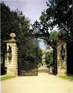 a woman is standing in front of an iron gate that leads to a driveway with trees on both sides