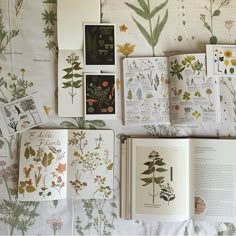 an open book sitting on top of a bed next to flowers and plants in it