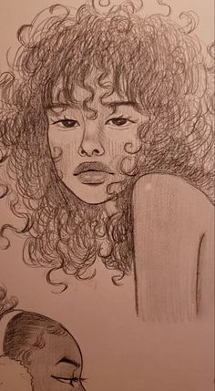 a drawing of a woman with curly hair and eyes closed, looking at the viewer