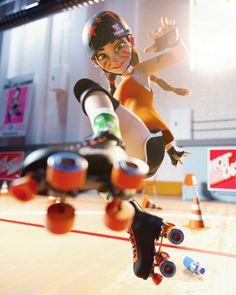 a cartoon character is riding on a skateboard in the middle of an indoor skating rink