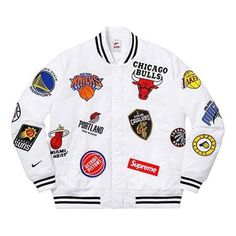 Supreme x Nike x NBA Teams Warm-Up Jacket 'White Multi-Color' SUP-SS18-788 White Varsity Jacket With Embroidered Logo For Streetwear, White Varsity Jacket With Embroidered Logo For Winter, White Varsity Outerwear With Embroidered Logo, White Varsity Jacket With Embroidered Logo, Fall White Outerwear With Embroidered Logo, White Streetwear Outerwear With Embroidered Logo, White Varsity Jacket With Embroidered Logo For College, Winter White Varsity Jacket With Ribbed Cuffs, White Long Sleeve Track Jacket For Sports Season