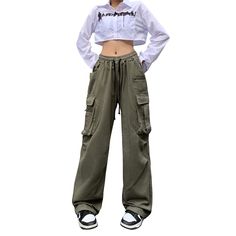 PRICES MAY VARY. Cargo pants women are made of full cotton, the fabric is soft, breathable and skin-friendly, both trendy and comfortable. Y2k pants features multi-pocket, elastic waist with drawstring and solid color. The combination of Harajuku style and y2k style parachute pants makes you instantly attract attention. Cargo pants women baggy y2k suitable for spring, summer, autumn and winter can be easy-matching with vest, tank top, crop top, tee-shirt, hoodie, sweatshirt, or jacket you like. Streetwear Goth, Wide Leg Cargo Pants, Casual Harajuku, Pants Y2k, Y2k Pants, Harajuku Streetwear, Cargo Pants, Parachute Pants, Harajuku